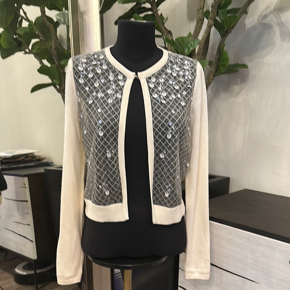 Elie Tahari Open Cardigan Sweater 100% Merino Wool Sheer Beaded Front